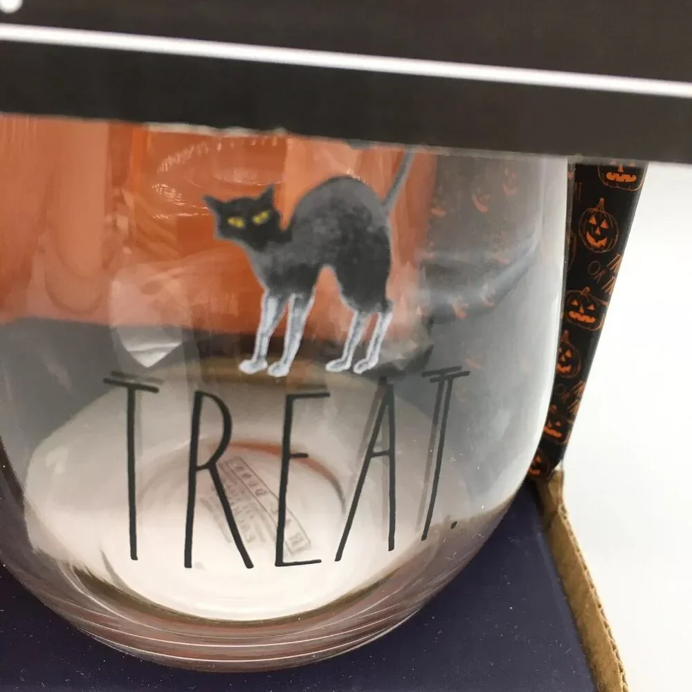 4pc Rae Dunn Halloween Black Scaredy Cat Stemless Wine Glass Set TRICK TREAT NEW